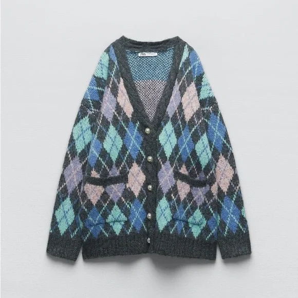 Zara Jewel Button Argyle Knit Cardigan